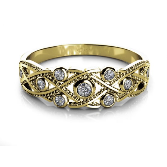 Netradiční prsten Richelieu ve žlutém zlatě se zirkony