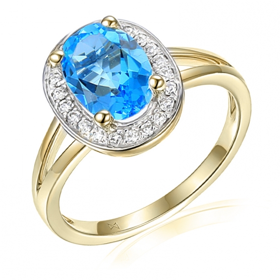 Gems, Diamantový prsten Gwen, kombinované zlato s brilianty a modrým topazem