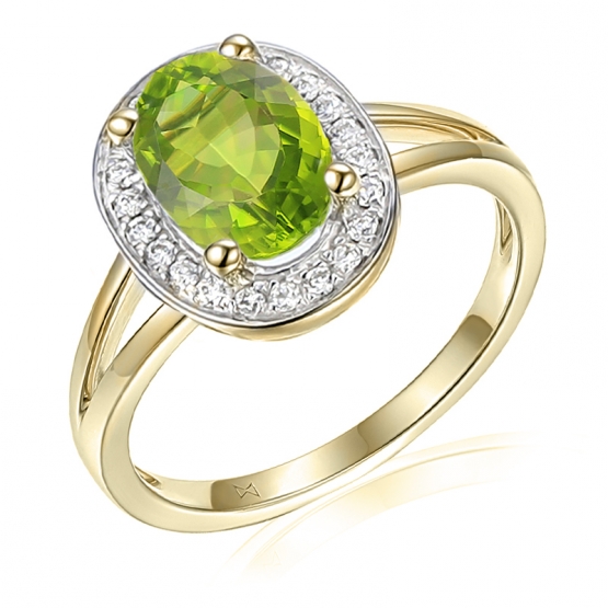Gems, Diamantový prsten Gwen, kombinované zlato s brilianty a peridotem