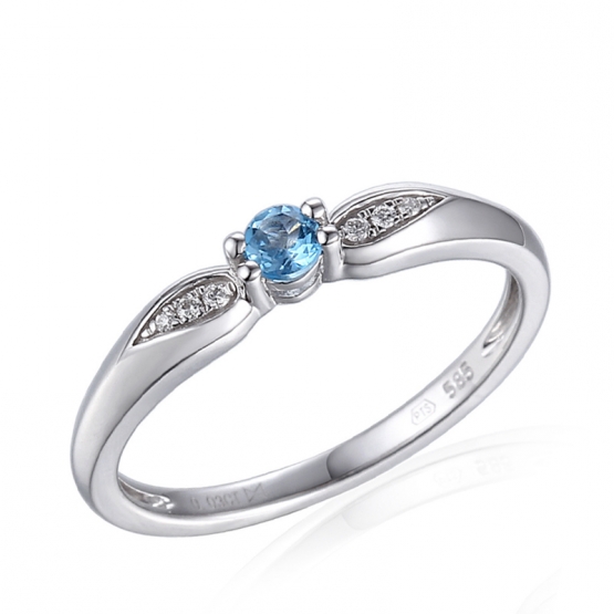 Jemný zásnubní prsten Hanni, bílé zlato s brilianty a modrým topazem