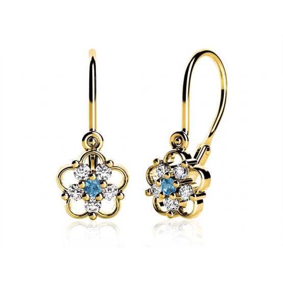 Dětské náušnice Aurora, žluté zlato a tmavě modré zirkony