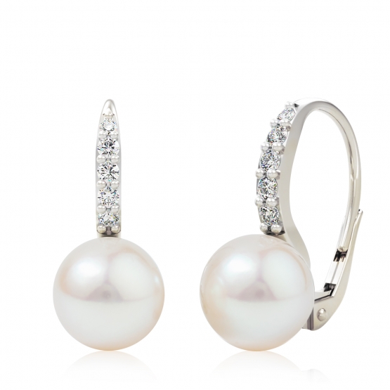 Třpytivé perlové náušnice Margarit, bílé zlato a zirkony