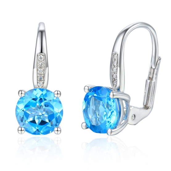 Visací náušnice Anya, bílé zlato s brilianty a modrými topazy