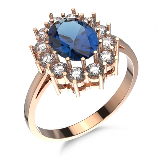 Velkolepý prsten Diana s tmavě modrým zirkonem, růžové zlato