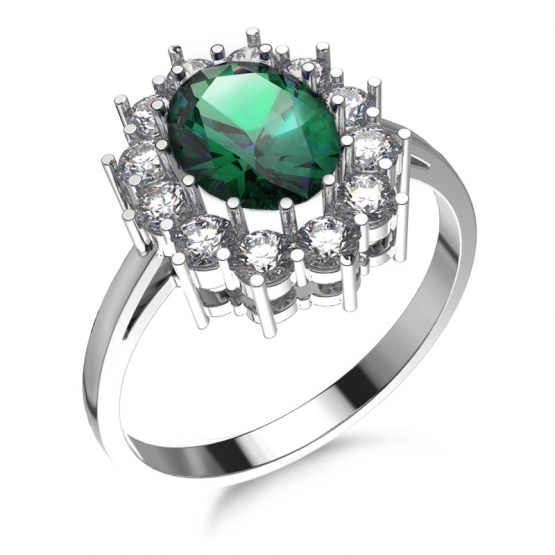 Velkolepý prsten Diana se zeleným zirkonem, bílé zlato