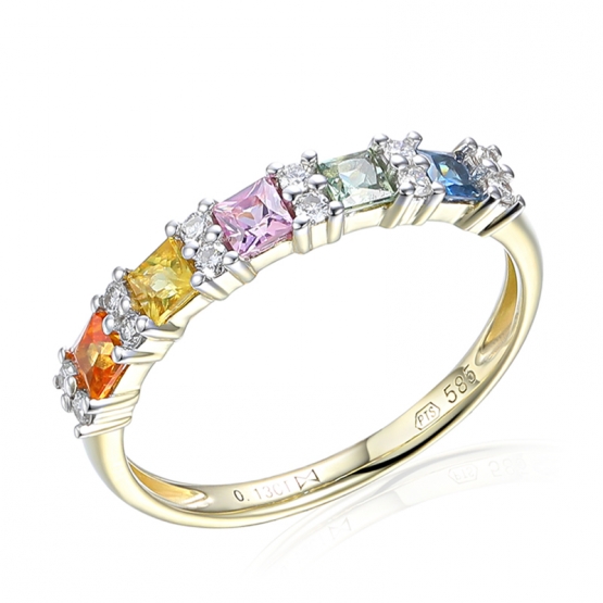 Diamantový prsten Rainbow s brilianty a safíry, žluté a bílé zlato