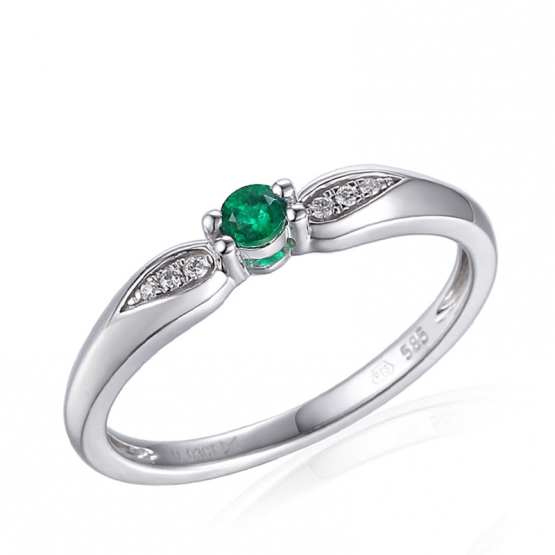 Jemný zásnubní prsten Hanni, bílé zlato s brilianty a smaragdem