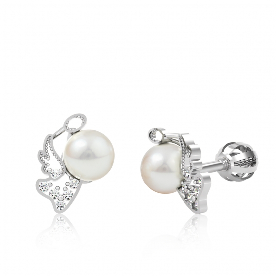 Něžné perlové náušnice Angelio, bílé zlato a zirkony
