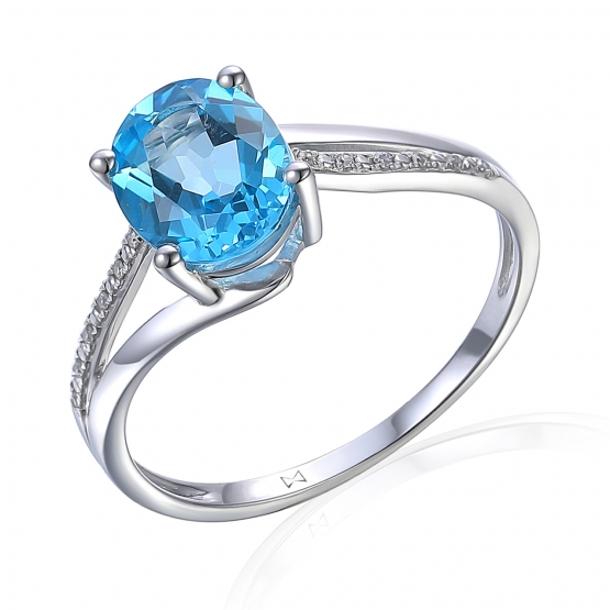 Diamantový prsten Monroe, bílé zlato s brilianty a modrým topazem