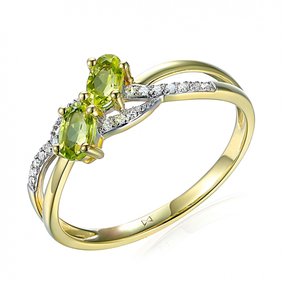 Luxusní prsten Godiva, kombinované zlato s brilianty a peridoty