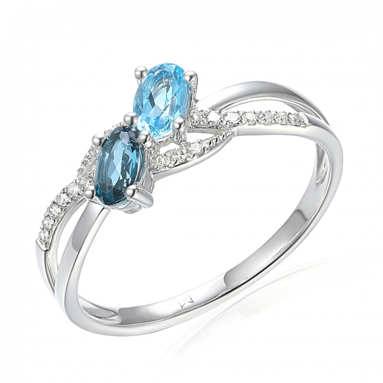 Luxusní prsten Godiva, bílé zlato s brilianty a blue topazy