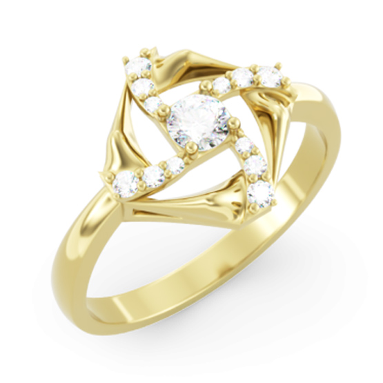 Zajímavý prsten Lyrin, žluté zlato se zirkony