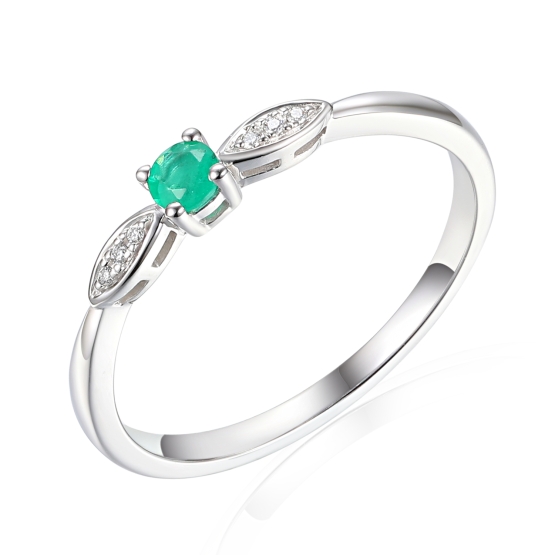 Jemný zásnubní prsten Hannie, bílé zlato s brilianty a smaragdem