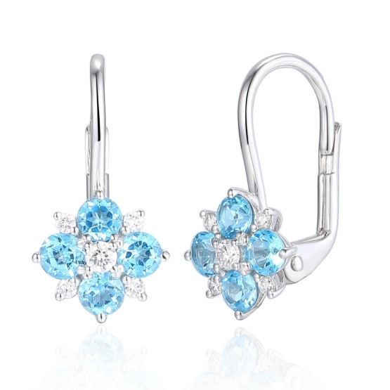 Gems, Diamantové náušnice Fiorenza, bílé zlato s brilianty a modrými topazy