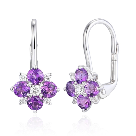 Gems, Diamantové náušnice Fiorenza, bílé zlato s brilianty a ametysty