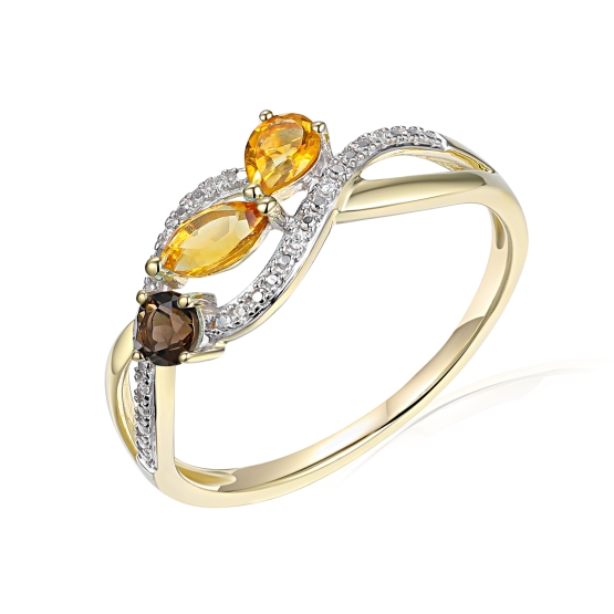 Diamantový prsten Astrid, kombinované zlato s brilianty, citríny a záhnědou