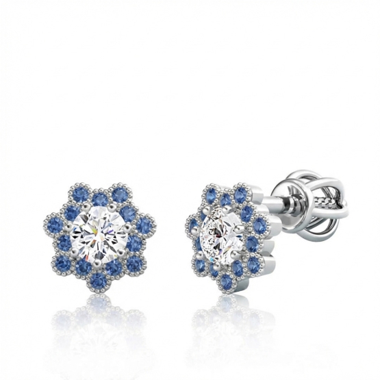 Peckové náušnice Melanie, bílé zlato s modrými zirkony