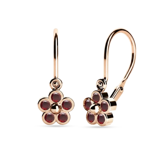 Couple, Dětské náušnice Karsin v růžovém zlatě s červenými zirkony