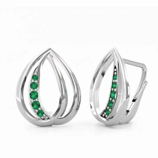 Visací náušnice Lacrima, bílé zlato se zelenými zirkony