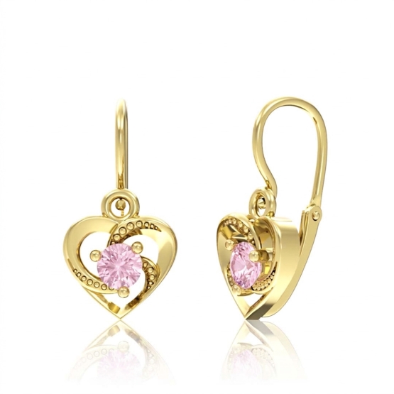 Couple, Srdíčkové dětské náušnice Lylou, žluté zlato a růžové zirkony