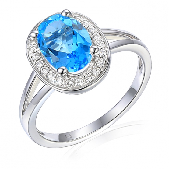Gems, Diamantový prsten Gwen, bílé zlato s brilianty a modrým topazem