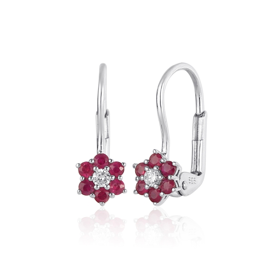 Visací náušnice Florisia II, bílé zlato s brilianty a rubíny