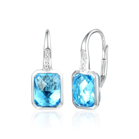 Elegantní náušnice Umbra, bílé zlato s brilianty a modrými topazy (blue topaz)