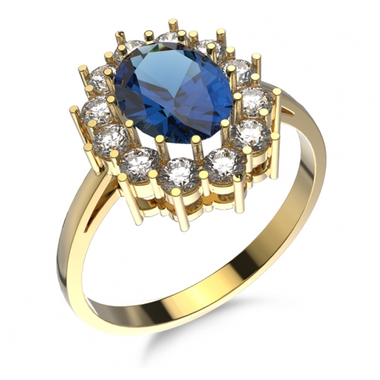 Velkolepý prsten Diana s tmavě modrým zirkonem, žluté zlato