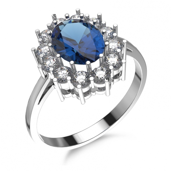 Velkolepý prsten Diana s tmavě modrým zirkonem, bílé zlato